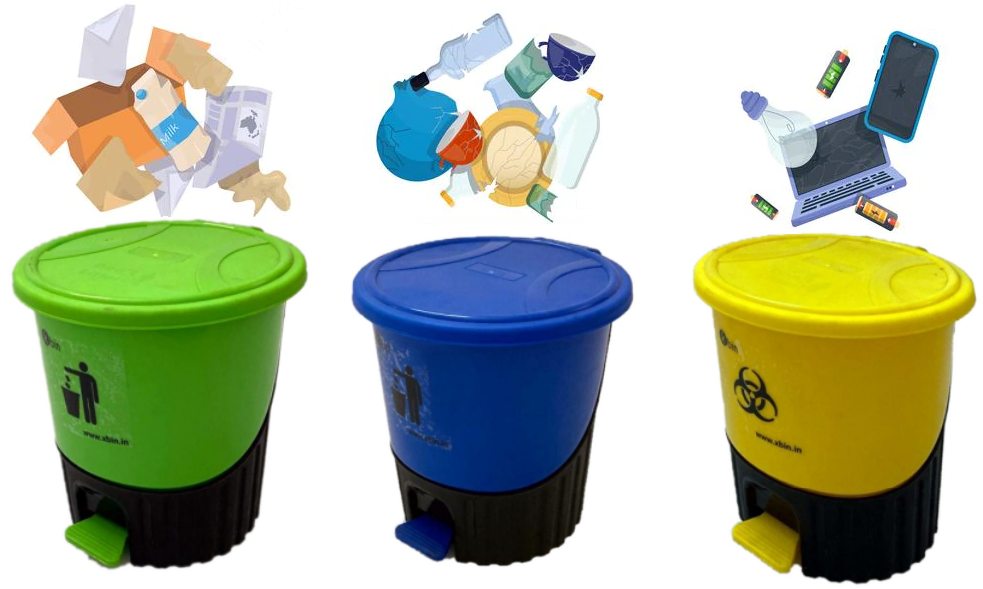 Image Showing Waste Segrigation With Colour Coded Dustbins for Wet, Dry & e-Waste